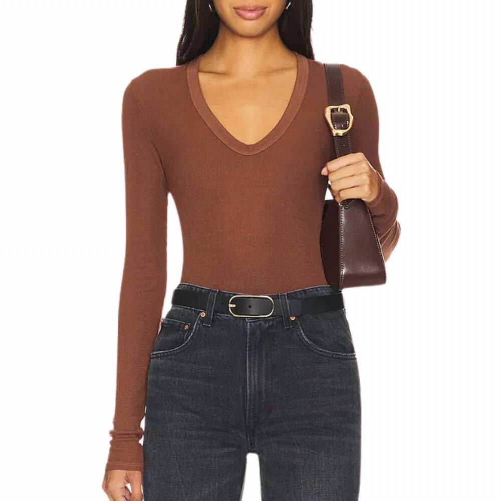 NEW ENZA COSTA silk rib long sleeves u-neck top in nutshell